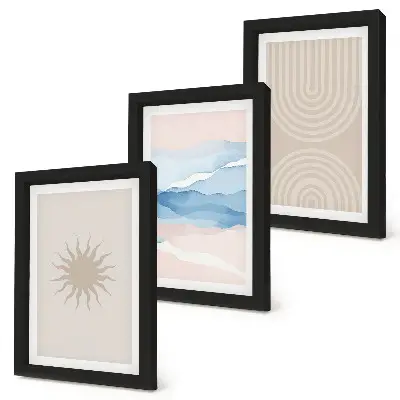 Tríptico enmarcado con diseño de sol, olas y líneas abstractas en tonos pastel