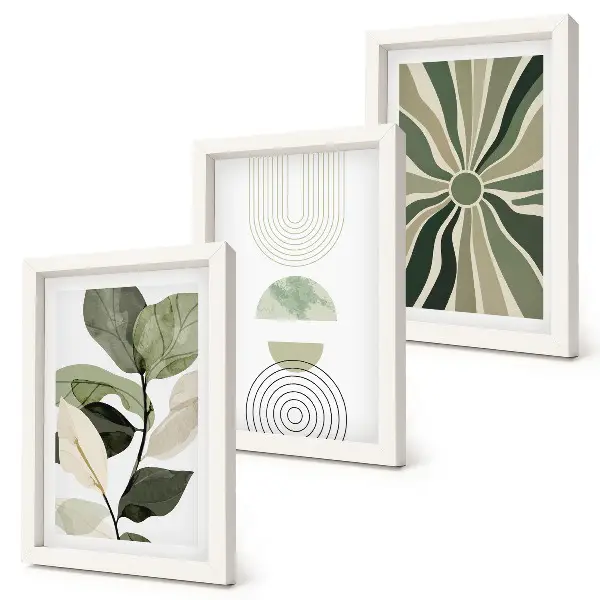 Juego de 3 cuadros decorativos con motivos vegetales y formas geométricas en verde