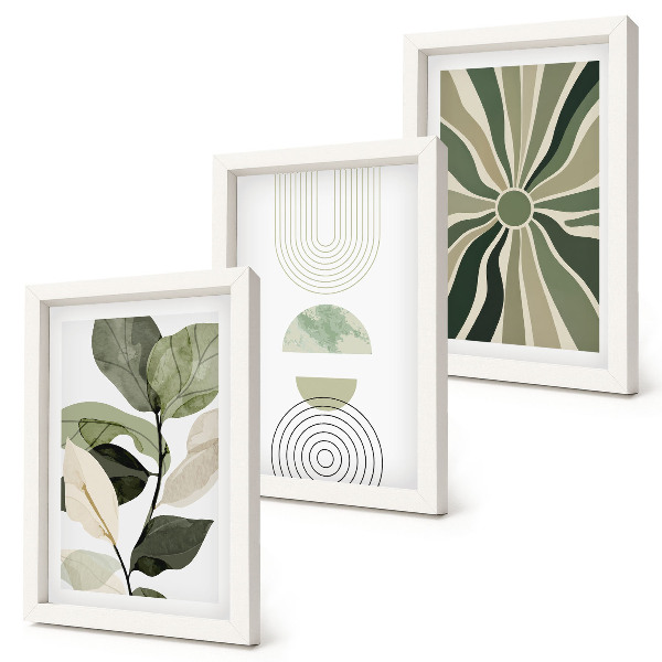 Juego de 3 cuadros decorativos Motivos vegetales con formas geométricas en verde.