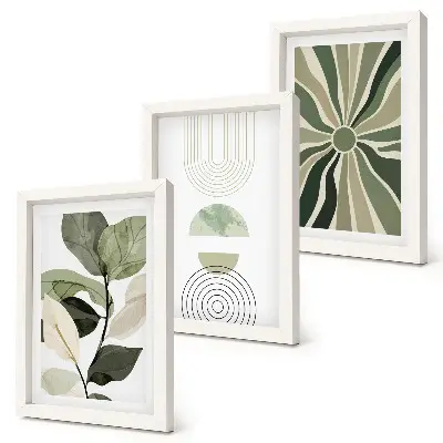 Juego de 3 cuadros decorativos con motivos vegetales y formas geométricas en verde