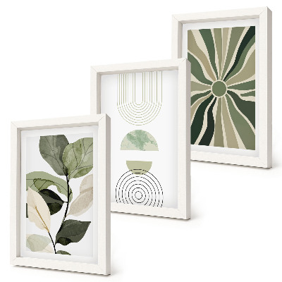 Juego de 3 cuadros decorativos Motivos vegetales con formas geométricas en verde.