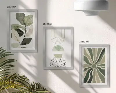 Juego de 3 cuadros decorativos con motivos vegetales y formas geométricas en verde