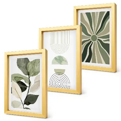 Juego de 3 cuadros decorativos con motivos vegetales y formas geométricas en verde