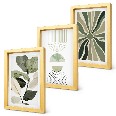 Juego de 3 cuadros decorativos Motivos vegetales con formas geométricas en verde.