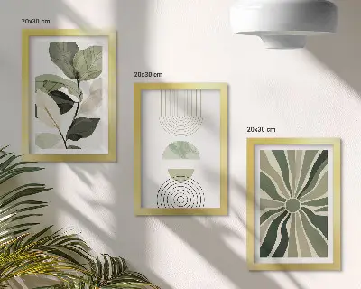 Juego de 3 cuadros decorativos con motivos vegetales y formas geométricas en verde