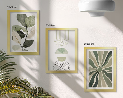 Juego de 3 cuadros decorativos Motivos vegetales con formas geométricas en verde.