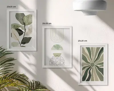 Juego de 3 cuadros decorativos con motivos vegetales y formas geométricas en verde