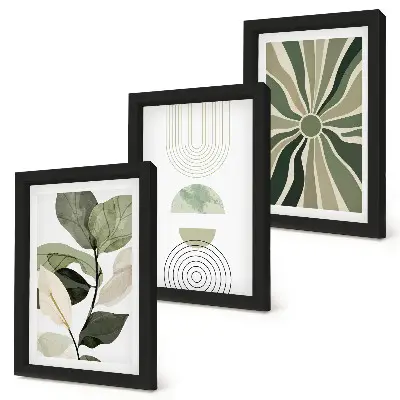 Juego de 3 cuadros decorativos con motivos vegetales y formas geométricas en verde