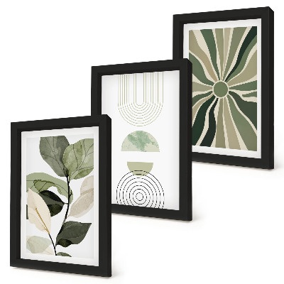 Juego de 3 cuadros decorativos Motivos vegetales con formas geométricas en verde.