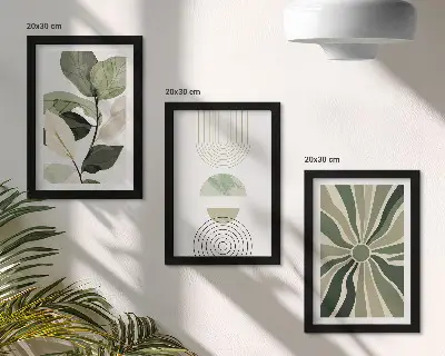 Juego de 3 cuadros decorativos con motivos vegetales y formas geométricas en verde