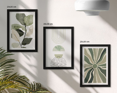 Juego de 3 cuadros decorativos Motivos vegetales con formas geométricas en verde.