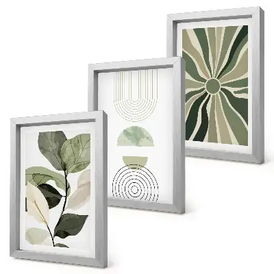 Juego de 3 cuadros decorativos con motivos vegetales y formas geométricas en verde