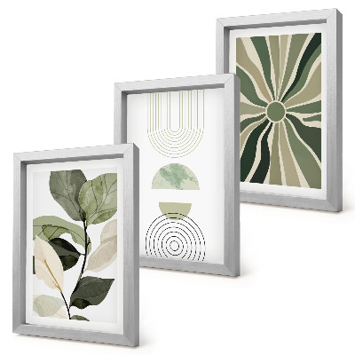 Juego de 3 cuadros decorativos Motivos vegetales con formas geométricas en verde.