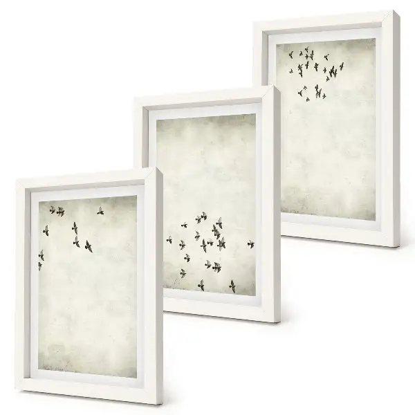 Pintura minimalista de pájaros volando tríptico enmarcado