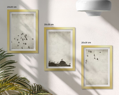 Tríptico enmarcado Pájaros en vuelo pintados al estilo minimalista.