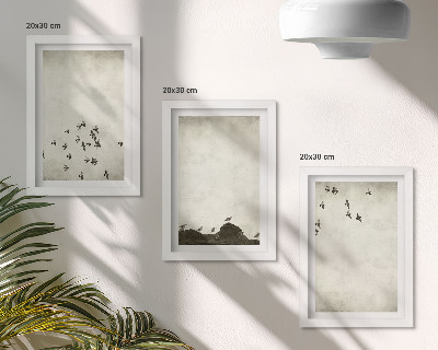 Tríptico enmarcado Pájaros en vuelo pintados al estilo minimalista.