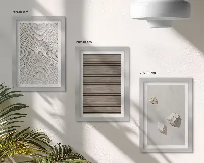 Tríptico enmarcado con motivos de texturas naturales de madera, piedras y cuerda