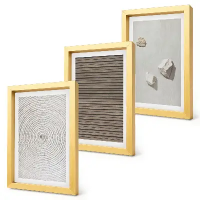 Tríptico enmarcado con motivos de texturas naturales de madera, piedras y cuerda
