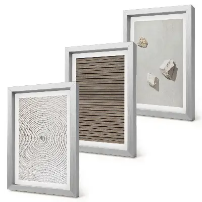 Tríptico enmarcado con motivos de texturas naturales de madera, piedras y cuerda
