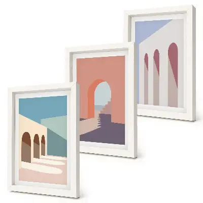 Gráficos minimalistas de arquitectura urbana en tonos pastel tríptico enmarcado