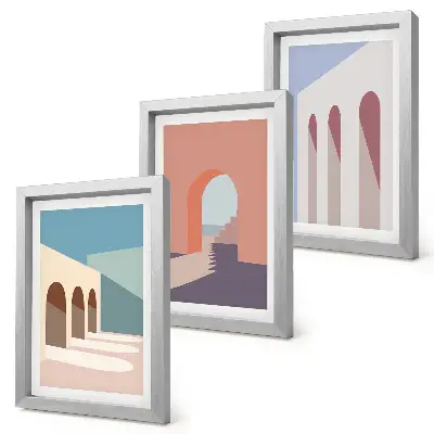 Gráficos minimalistas de arquitectura urbana en tonos pastel tríptico enmarcado