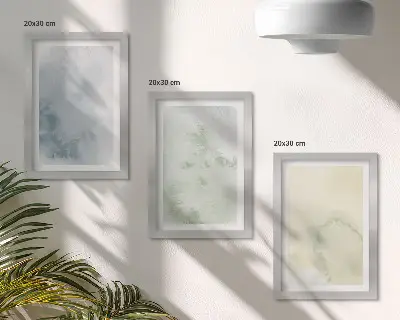 Tríptico de pinturas de acuarela enmarcado con diseño en tonos pastel sobre textura de lienzo