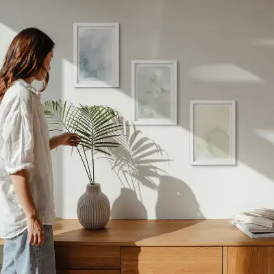 Tríptico de pinturas de acuarela enmarcado con diseño en tonos pastel sobre textura de lienzo