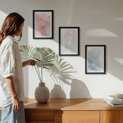 Juego de 3 cuadros decorativos con acuarelas en tonos pastel sobre lienzo de texturas coloridas