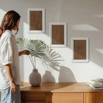 Tríptico enmarcado con diseño de textura minimalista de corteza de árbol y patrón de madera