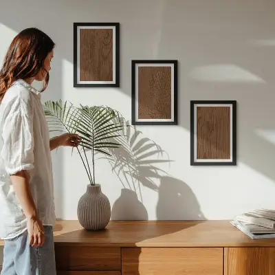 Tríptico enmarcado con diseño de textura minimalista de corteza de árbol y patrón de madera