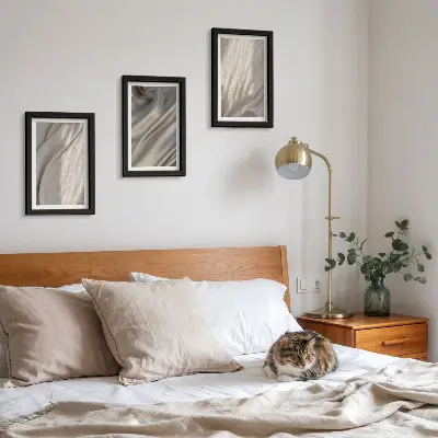 Juego de 3 cuadros decorativos con primer plano de estructuras de tela natural al estilo bohemio