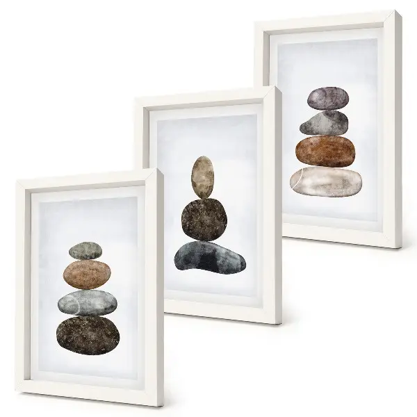 Tríptico de pintura minimalista boho montones de piedras enmarcado