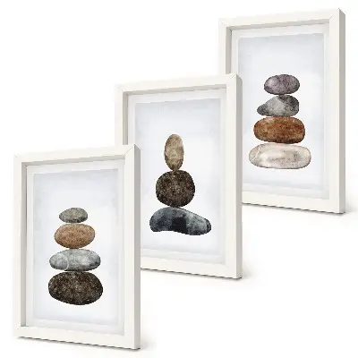 Tríptico de pintura minimalista boho montones de piedras enmarcado