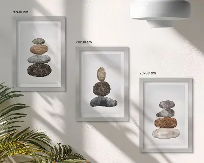 Tríptico de pintura minimalista boho montones de piedras enmarcado