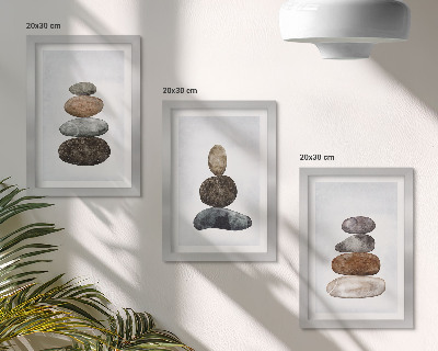Tríptico enmarcado Montones de piedras, pintura minimalista boho