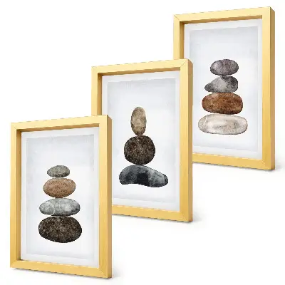 Tríptico de pintura minimalista boho montones de piedras enmarcado