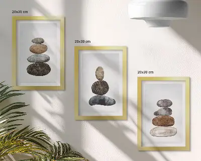Tríptico de pintura minimalista boho montones de piedras enmarcado