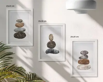 Tríptico de pintura minimalista boho montones de piedras enmarcado