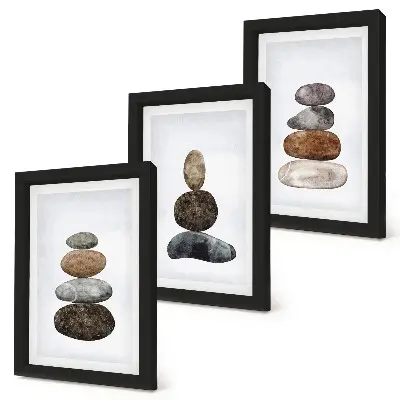 Tríptico de pintura minimalista boho montones de piedras enmarcado