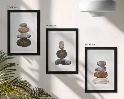 Tríptico de pintura minimalista boho montones de piedras enmarcado