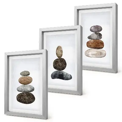 Tríptico de pintura minimalista boho montones de piedras enmarcado