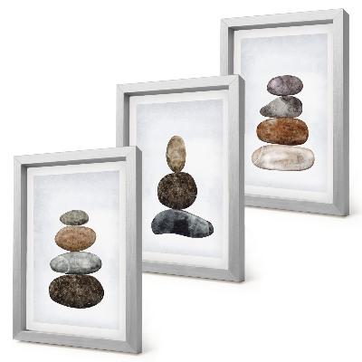Tríptico enmarcado Montones de piedras, pintura minimalista boho