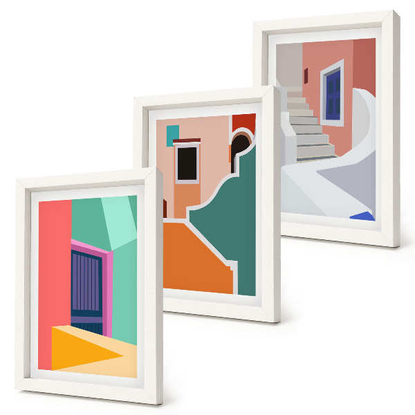 Tríptico enmarcado Ilustraciones coloridas de edificios de estilo moderno