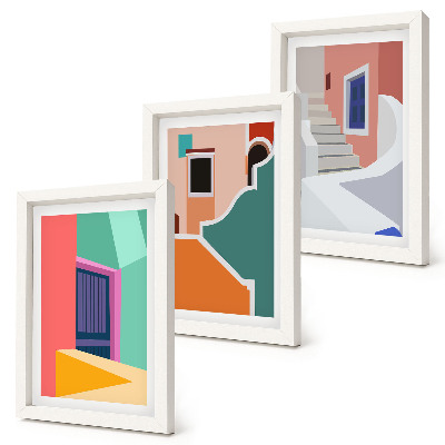 Tríptico enmarcado Ilustraciones coloridas de edificios de estilo moderno