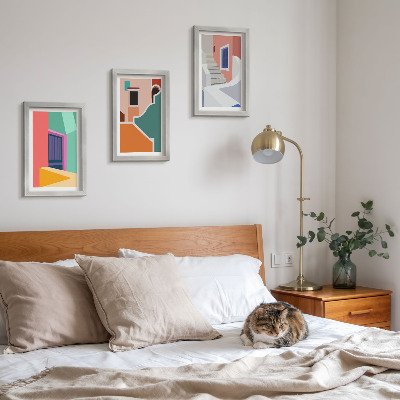 Tríptico enmarcado Ilustraciones coloridas de edificios de estilo moderno