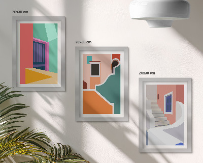 Tríptico enmarcado Ilustraciones coloridas de edificios de estilo moderno