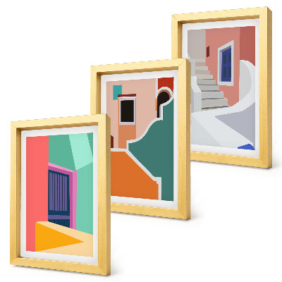 Tríptico enmarcado Ilustraciones coloridas de edificios de estilo moderno