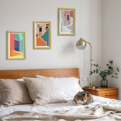 Tríptico enmarcado Ilustraciones coloridas de edificios de estilo moderno