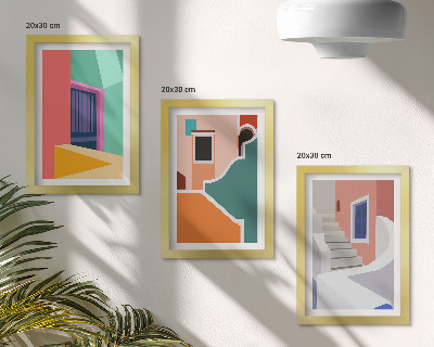 Tríptico enmarcado Ilustraciones coloridas de edificios de estilo moderno