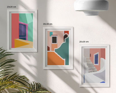 Tríptico enmarcado Ilustraciones coloridas de edificios de estilo moderno